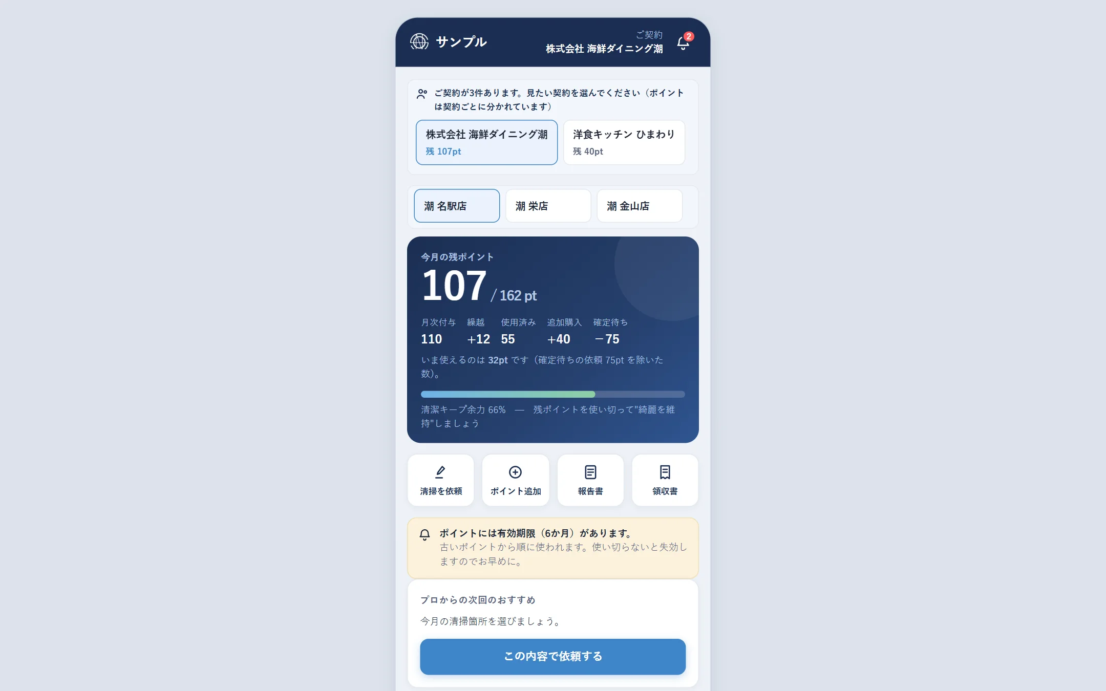 実際に開発した清掃会社向けの管理ツール。契約ごとのポイント残高と予約・請求がつながっている(画面はサンプルデータ)